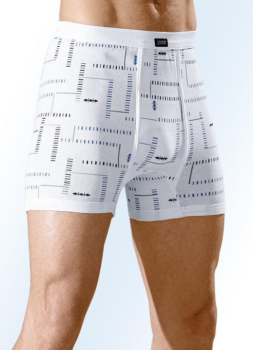Unterhosen - Dreierpack Unterhosen aus Feinripp mit Eingriff, bunt dessiniert, in Größe 005 bis 013, in Farbe 2X WEISS-BUNT, 1X HELLBLAU-BUNT