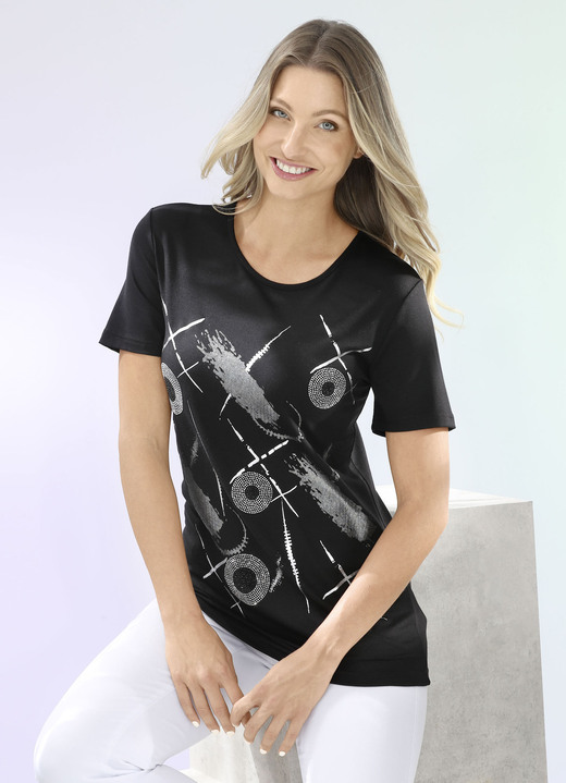 Kurzarm - Shirt mit silberfarbenem Kontrast-Druck, in Größe 036 bis 052, in Farbe SCHWARZ Ansicht 1
