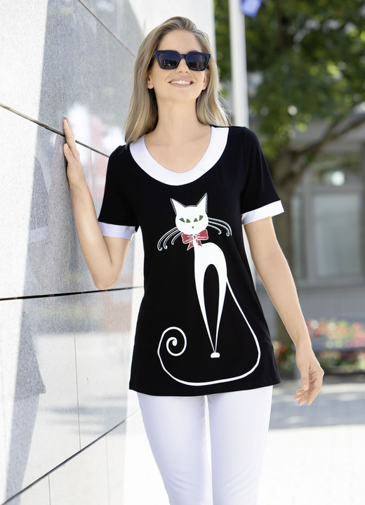 Shirts mit Strass - Longshirt mit Katzen-Motiv, in Größe 038 bis 056, in Farbe SCHWARZ
