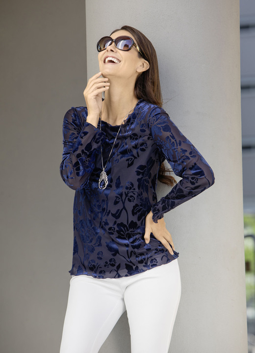 Blusen & Tuniken - Shirt-Tunika mit Volant-Besatz, in Größe 036 bis 052, in Farbe MARINE Ansicht 1